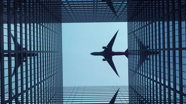 Airplane Flies Office Skyscrapers Beautiful Blue Sky Rendering — Stock Photo, Image