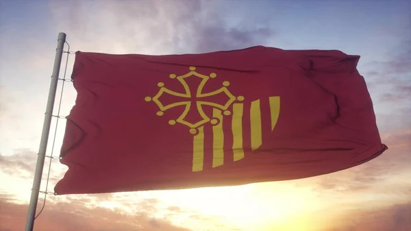 Bandera Languedoc Rosellón Francia Ondeando Viento Cielo Fondo Del Sol — Foto de Stock