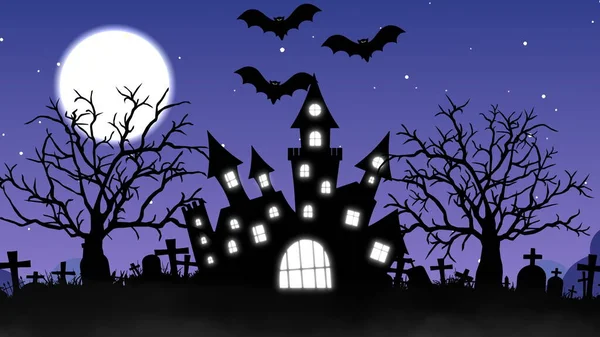 Fondo Halloween Con Concepto Castillo Encantado Luna Murciélagos Renderizado — Foto de Stock