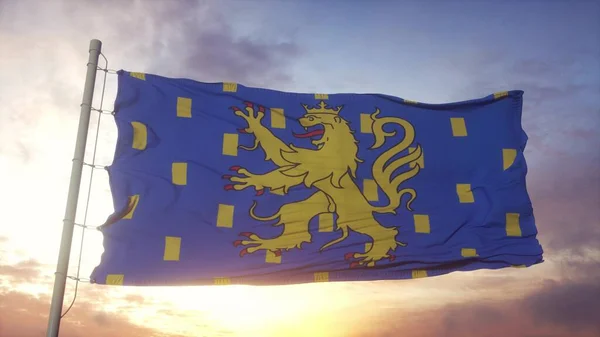 Bandeira Franche Comte França Acenando Fundo Vento Céu Sol Renderização — Fotografia de Stock