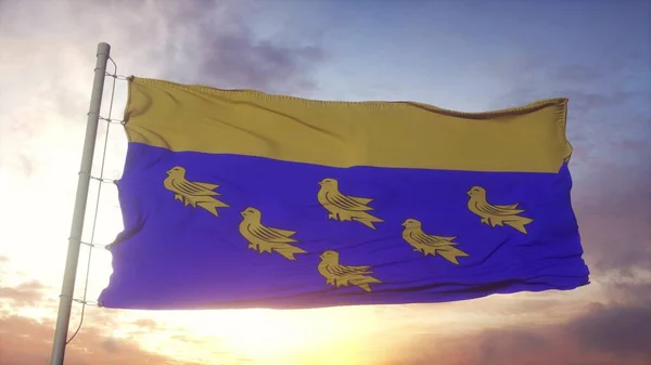 西萨塞克斯旗 英格兰 天空和太阳的背景下飘扬 3D渲染 — 图库照片