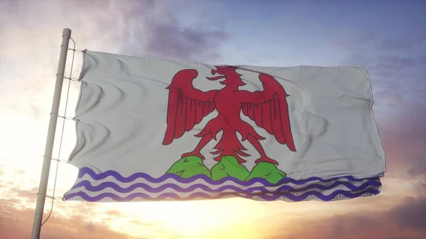 Nice County flag, France, waving in the wind, sky and sun background. 3d rendering.