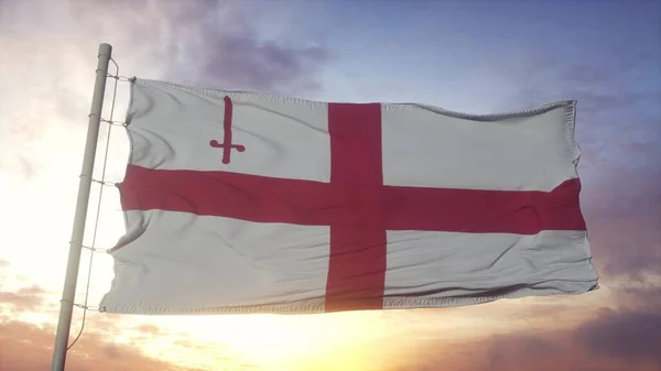 ロンドン市の旗 イングランド 空と太陽の背景に手を振っ 3Dレンダリング — ストック写真