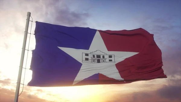 Прапор Сан Антоніо Штат Техас Розмахує Вітром Небом Сонцем Рендеринг — стокове фото