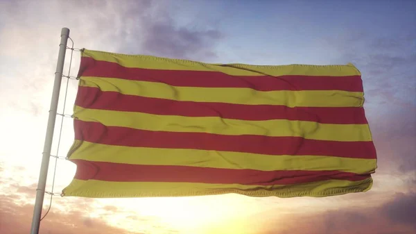 Roussillon Vlag Frankrijk Zwaaiend Wind Lucht Zon Achtergrond Destructie — Stockfoto