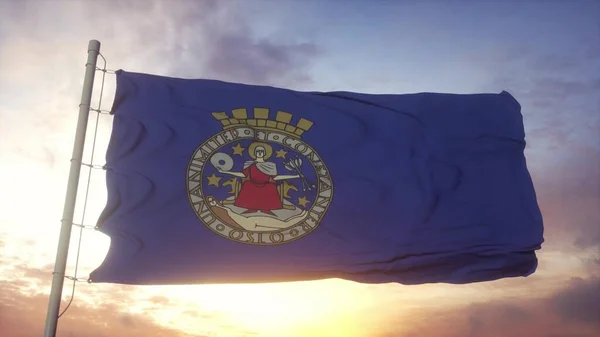 Flaga Oslo Norwegia Machająca Wietrze Niebie Słońcu Renderowanie — Zdjęcie stockowe