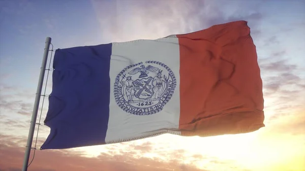 New York Şehir Bayrağı Rüzgarda Gökyüzünde Arka Planda Dalgalanıyor Oluşturma — Stok fotoğraf