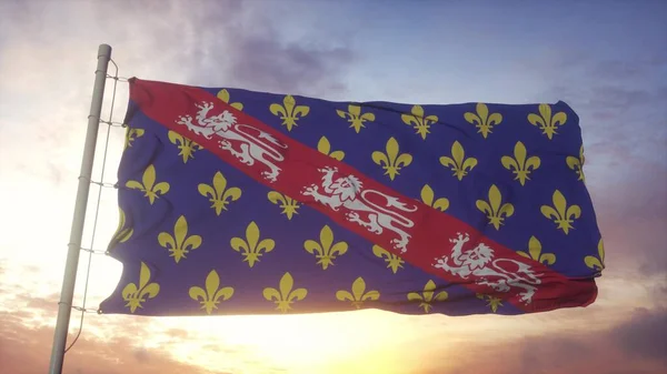 Bandera Las Marcas Francia Ondeando Viento Cielo Sol Fondo Renderizado — Foto de Stock