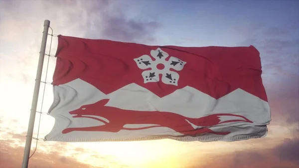 Bandera Leicestershire Inglaterra Ondeando Viento Cielo Fondo Del Sol Renderizado — Foto de Stock
