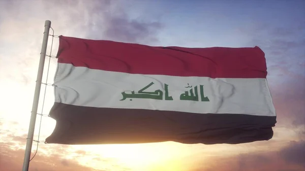 Флаг Ирака Машущего Ветром Небом Солнцем Рендеринг — стоковое фото