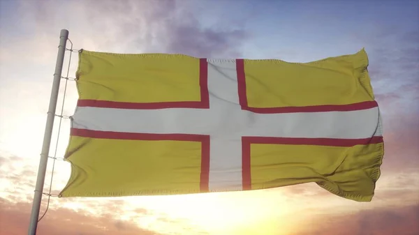 Прапор Дорсета Англія Розмахує Вітром Небом Сонцем Рендеринг — стокове фото