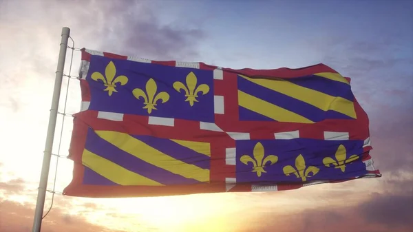 Bandeira Bourgogne França Acenando Vento Céu Fundo Sol Renderização — Fotografia de Stock