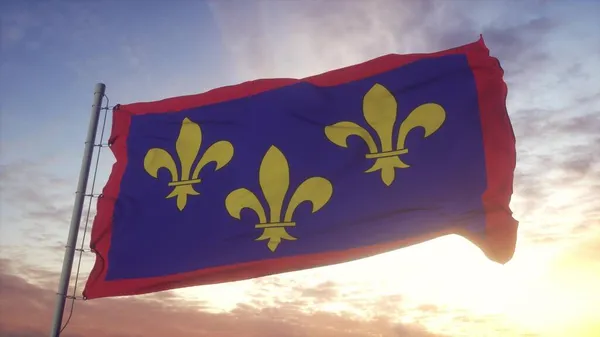 Флаг Анжу Франция Машущий Ветром Небом Солнцем Рендеринг — стоковое фото