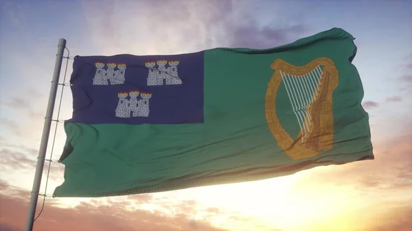 Flaga Dublina Stolica Irlandii Machająca Wietrze Niebie Słońcu Renderowanie — Zdjęcie stockowe