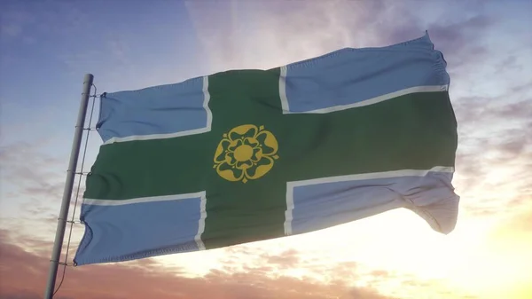 Bandera Derbyshire Inglaterra Ondeando Viento Cielo Fondo Del Sol Renderizado — Foto de Stock