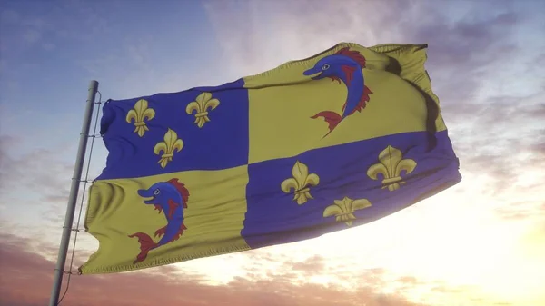 Флаг Дофин Франция Размахивает Ветром Небом Солнцем Рендеринг — стоковое фото