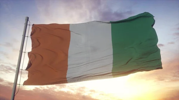 Flaga Wybrzeża Kości Słoniowej Falująca Tle Wiatru Nieba Słońca Renderowanie — Zdjęcie stockowe