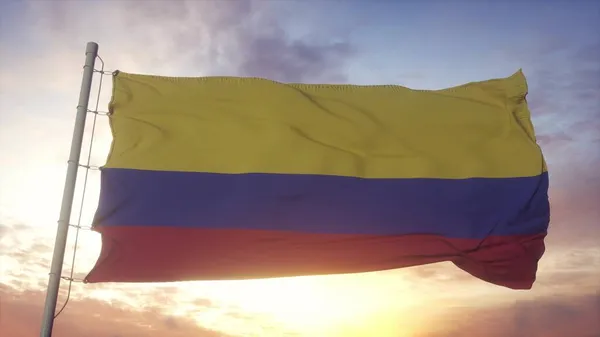 哥伦比亚国旗在风 天空和阳光的背景下飘扬 3D渲染 — 图库照片