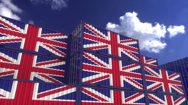 Pojemniki Flagowe Zjednoczonego Królestwa Znajdują Się Terminalu Kontenerowym Koncepcja Eksportu — Zdjęcie stockowe