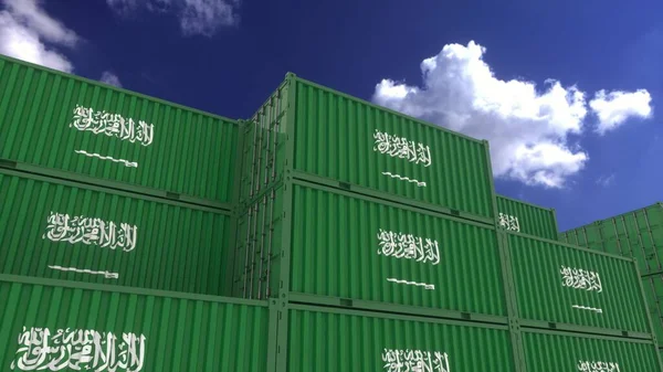 Container Unter Saudischer Flagge Stehen Containerterminal Saudi Arabien Export Oder — Stockfoto