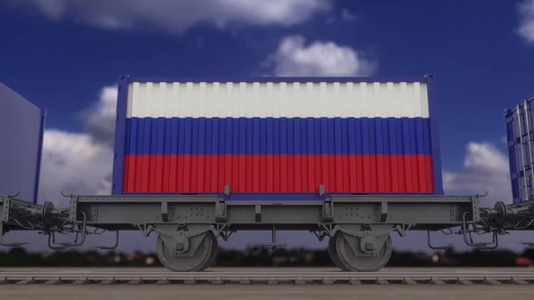 Tren Contenedores Con Bandera Rusia Transporte Ferroviario Renderizado — Foto de Stock
