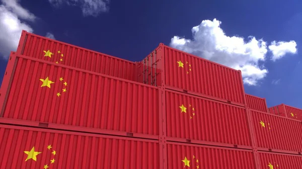 China flag containers are located at the container terminal. China export or import concept, 3d rendering.