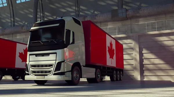 Cargo Trucks Canada Flag Trucks Canada Loading Unloading Warehouse Dock — Stock Photo, Image