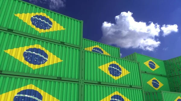 ブラジルの旗のコンテナはコンテナターミナルにあります ブラジルの輸入と輸出のための概念 3Dレンダリング — ストック写真