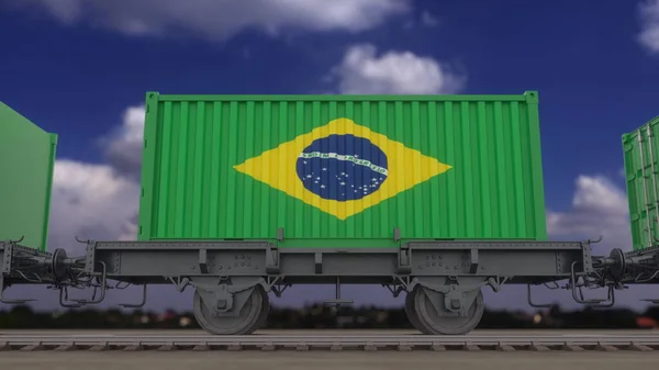 ブラジルの旗を持つ列車やコンテナ 鉄道輸送 3Dレンダリング — ストック写真