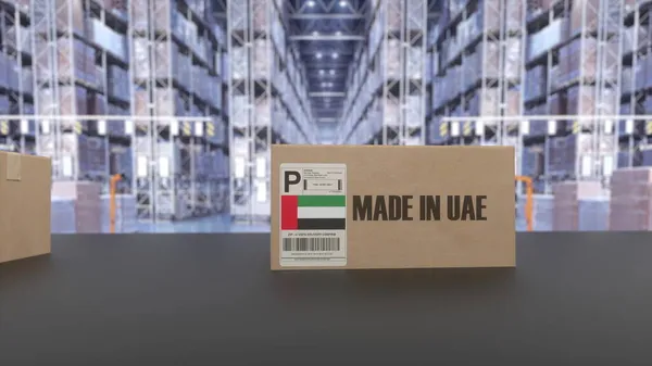 Boîtes Avec Texte Made Uae Sur Convoyeur Émirats Arabes Unis — Photo