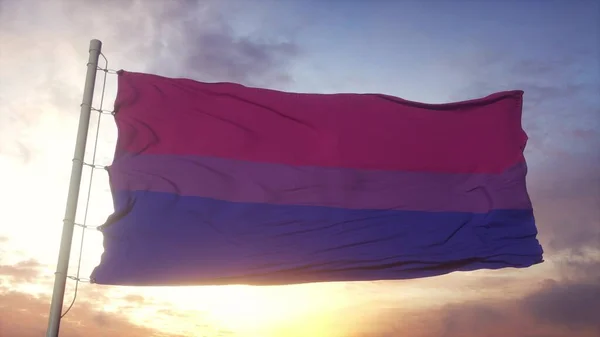 Бісексуальний Прапор Гордості Махає Вітрі Небі Фоні Сонця Візуалізація — стокове фото