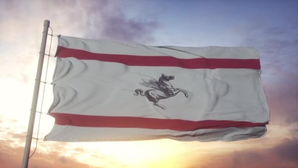 Bandiera Toscana, Italia, sventola nel vento, cielo e sole sullo sfondo — Video Stock