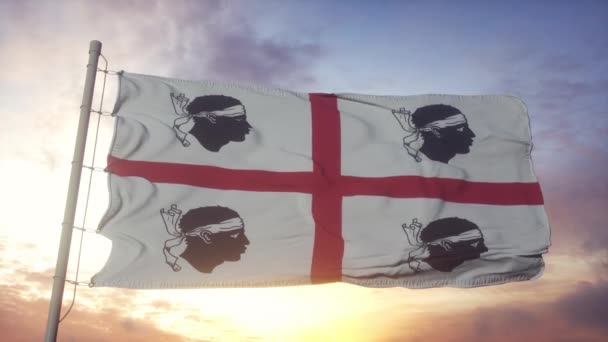 サルデーニャの旗、イタリア、風、空、太陽の背景に手を振って — ストック動画