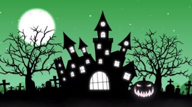 Lanetli Kale ve Ay konseptiyle Cadılar Bayramı arka plan animasyonu