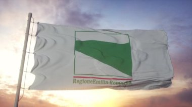 Emilia-Romagna bayrağı, İtalya, rüzgarda, gökyüzünde ve arka planda dalgalanan