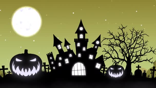 Halloween bakgrund animation med begreppet hemsökt slott och måne — Stockvideo