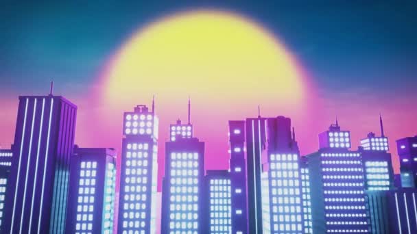 Futuristische Nachtstädte fliegen durch eine nahtlose Schleife. Synthwave-Stil mit neonfarbenen Stadthintergründen — Stockvideo