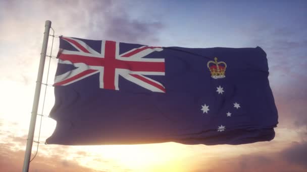 Victoria state vlag, Australië, zwaaien in de wind, hemel en zon achtergrond — Stockvideo