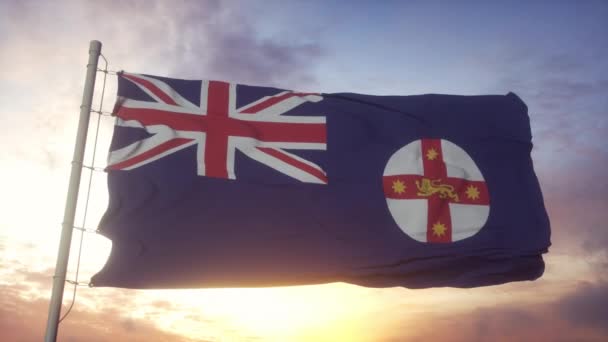 Új Dél-Wales állam zászló, Ausztrália, integetett a szél, az ég és a nap háttér