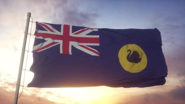 West-Australië vlag, Australië, zwaaiend in de wind, hemel en zon achtergrond — Stockvideo