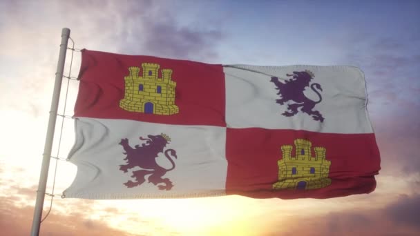 Флаг Кастилии и Леона, Испания, размахивая ветром, небом и солнцем — стоковое видео