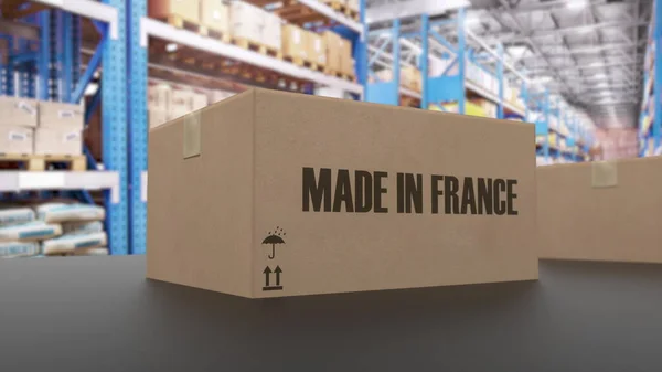 コンベアにフランス語のテキストで作られた箱 アラブ首長国連邦商品関連 3Dレンダリング — ストック写真