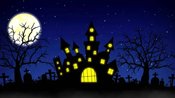 Fondo Halloween Con Concepto Castillo Encantado Luna Árboles Espeluznantes Renderizado — Foto de Stock