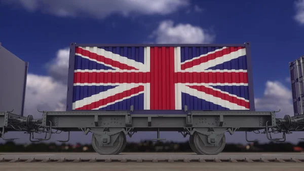 Pociąg Kontenery Banderą Zjednoczonego Królestwa Transport Kolejowy Renderowanie — Zdjęcie stockowe