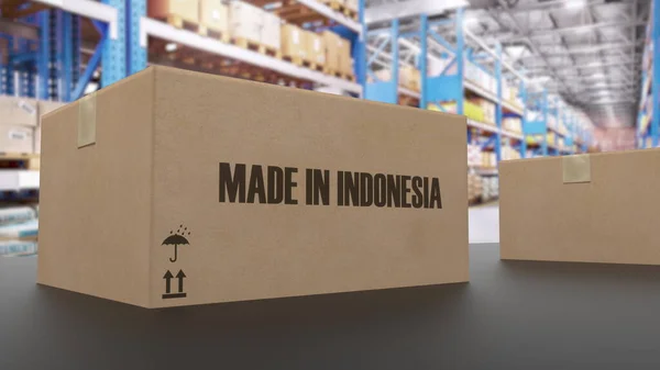 インドネシア製の箱コンベア上のテキスト イスラエルの商品関連 3Dレンダリング — ストック写真