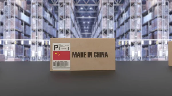 コンベア上の中国のテキストで作られたボックス 中国製品関連 3Dレンダリング — ストック写真