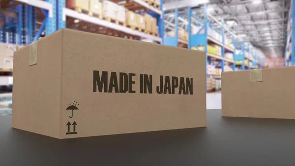 Made Japanのテキストをコンベアに乗せたボックス アメリカ製品関連 3Dレンダリング — ストック写真