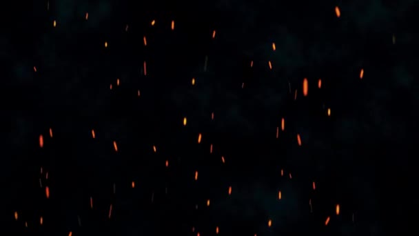 Hořící horký táborák jiskří na tmavém pozadí. Flying Embers from fire. Loopable abstract backkdrop — Stock video