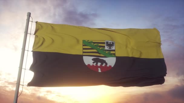 Bandera de Sajonia-Anhalt, Alemania, ondeando con el viento, el cielo y el sol — Vídeos de Stock