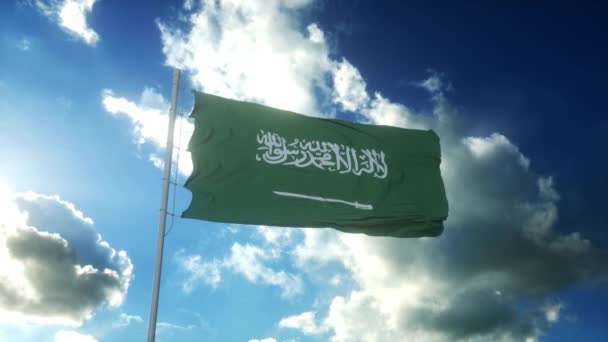 Bandera de Arabia Saudita ondeando al viento contra el hermoso cielo azul — Vídeos de Stock